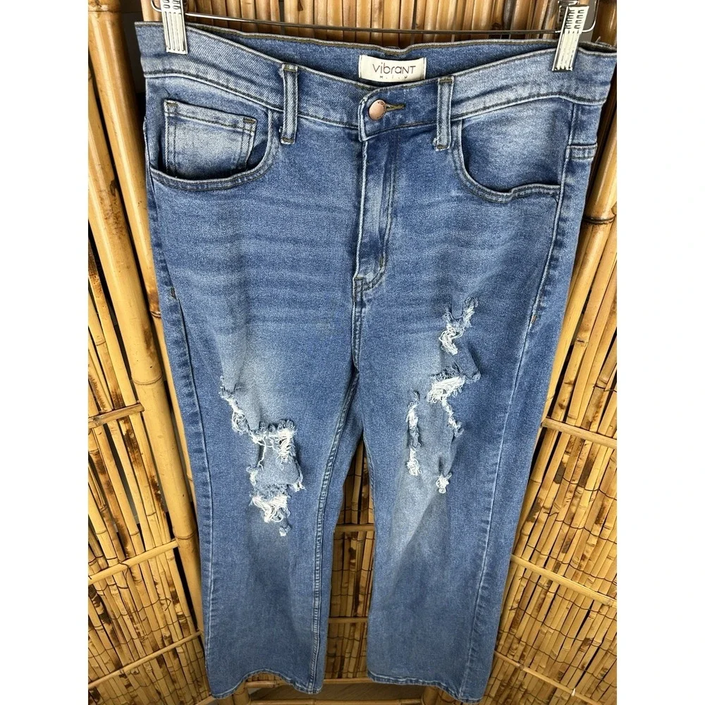 Vibrant MIU Jeans Women Size 11 Distressed High Waist Blue Straight Leg‎ 29x32 - Picture 5 of 16